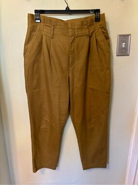 High-Rise Paperbag Waist Pleated Trousers Ankle Pants Camel Tan Size 14